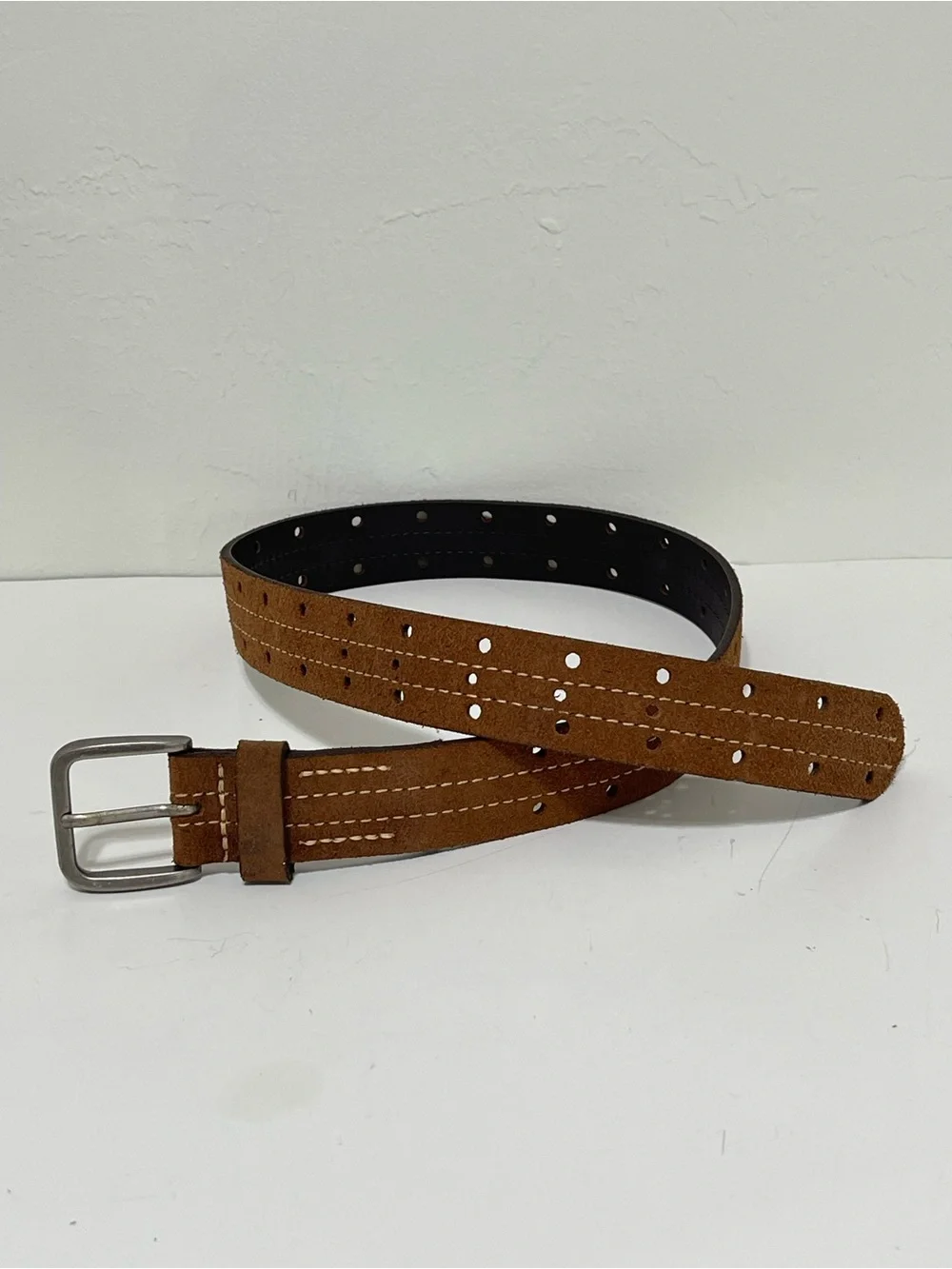 Brown Suede Leather Belt Perforated Contrast Stitching Gun Metal Buckle Youth 27